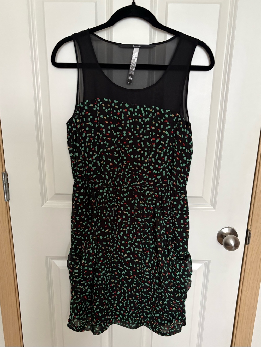 Kensie Black Mesh Yoke Midi Dress with Green and Red Dot Print
